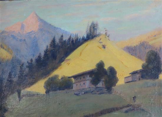 Attributed to Herbert Finney, oil on canvas laid on board, Alpine landscape in summer, 38 x 54cm, unframed